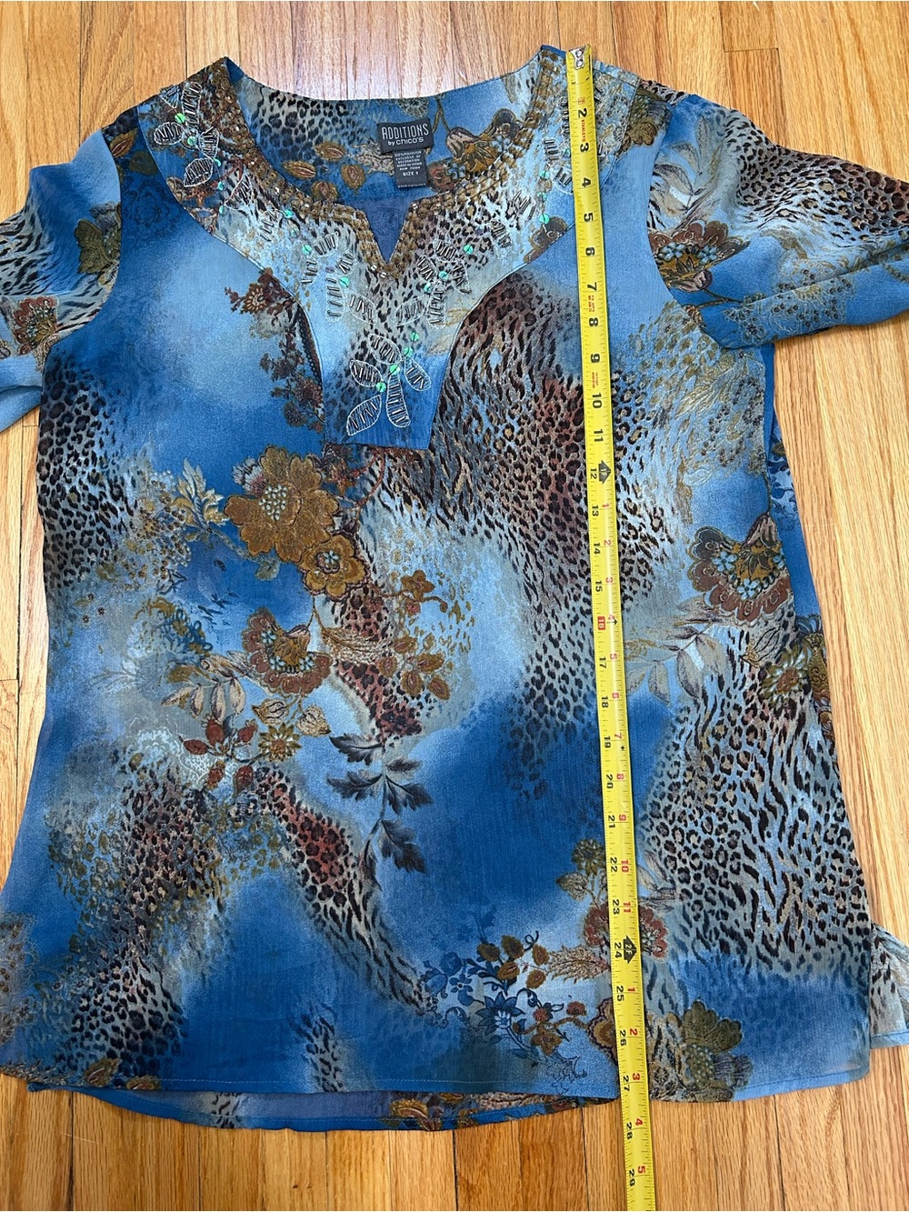 Chico’s Sheer Blue Printed Beaded V-Neck Blouse - Picture 6 of 6